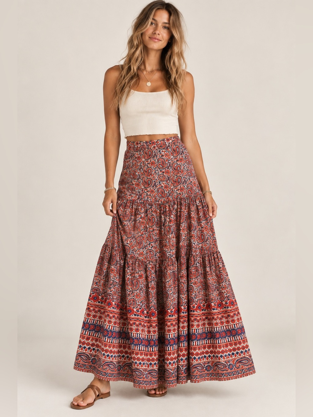 Veronica Beard Red Blue Paisley Tiered Boho Maxi Skirt